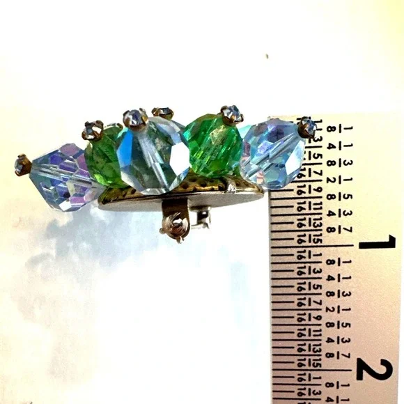 VTG 1950s AB‎ Crystal Brooch 2" Aurora Borealis Beaded Cluster Flower Pin MCM - Picture 9 of 10